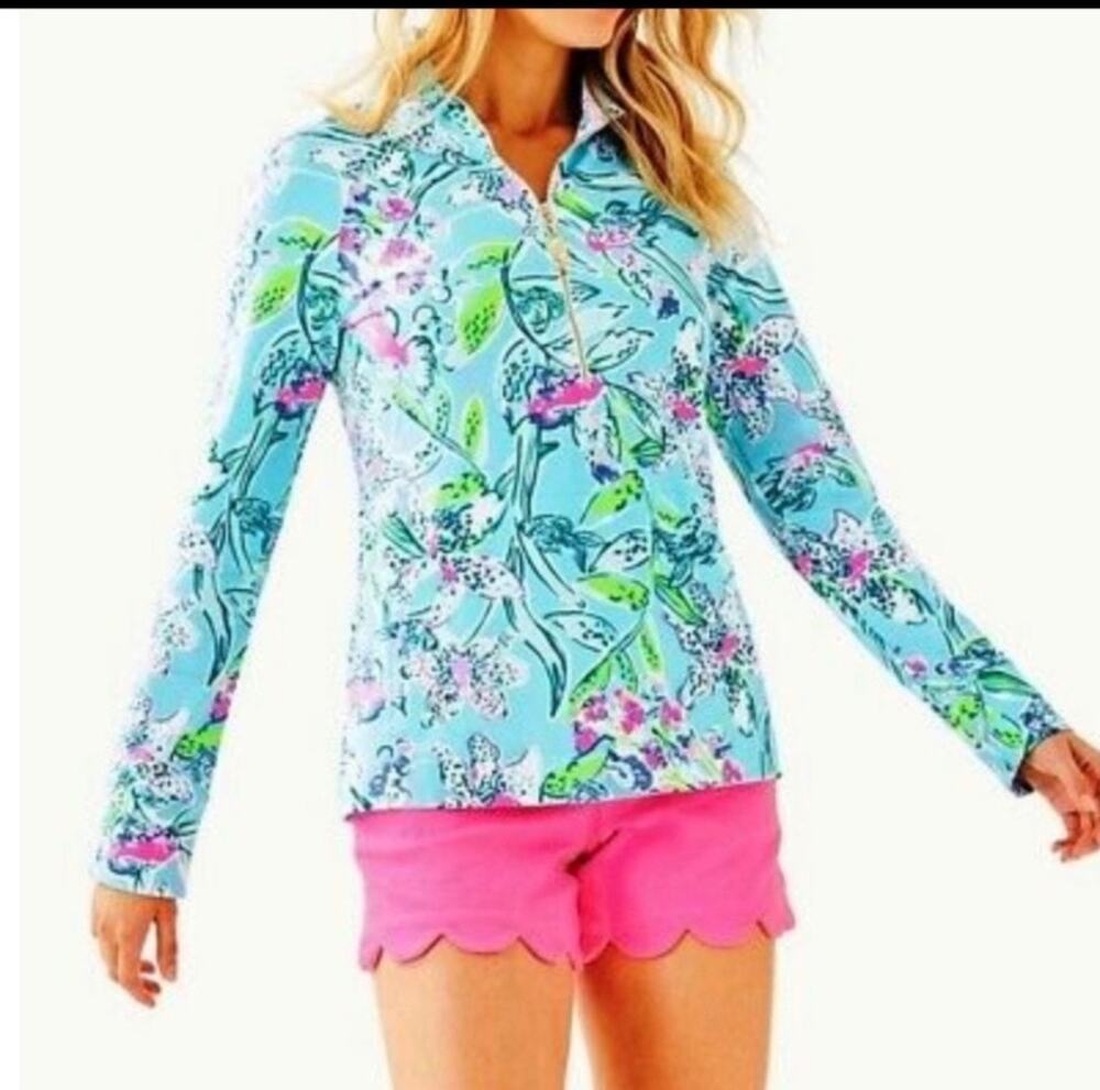 Lilly Pulitzer Skipper Popover Blue Pink Floral Half Zip UPF 50 Pullover XL